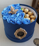 Load image into Gallery viewer, Stunning Blue Harrington Hat Box of Silk Flowers &amp; Ferrero Rocher Chocolates Gift.
