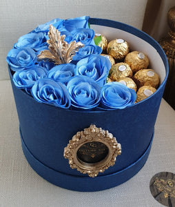 Stunning Blue Harrington Hat Box of Silk Flowers & Ferrero Rocher Chocolates Gift.