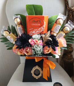 Luxury Stunning Orange/Black Halloween Inspired Chocolate Bouquet Opulent Couture Collection Silk Flowers Ferrero & Lindt Hamper